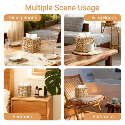 1 Pack Square Rattan Tissue Box Cover, Handwoven Water Hyacinth Tissue Holder, Boho Decorative Napkin Box, Durable Natural Wicker for Bathroom, Kitchen, Living Room & Bedroom