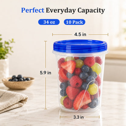 10 Pack 34 oz Reusable Freezer Storage Container Sets with Airtight Twist Top Lid