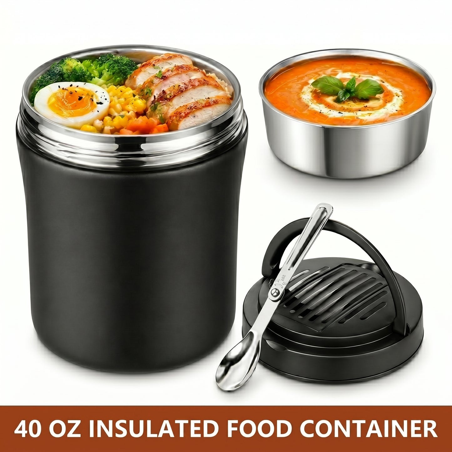 40oz Insulated Food Container, Leakproof Wide Mouth Stainless Steel Vacuum Insulated Food Container, 304 Stainless Steel Soup Container with Portable Handle for Travel and Daily Use