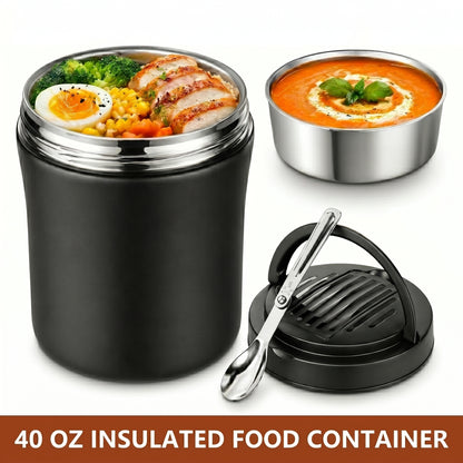 40oz Insulated Food Container, Leakproof Wide Mouth Stainless Steel Vacuum Insulated Food Container, 304 Stainless Steel Soup Container with Portable Handle for Travel and Daily Use