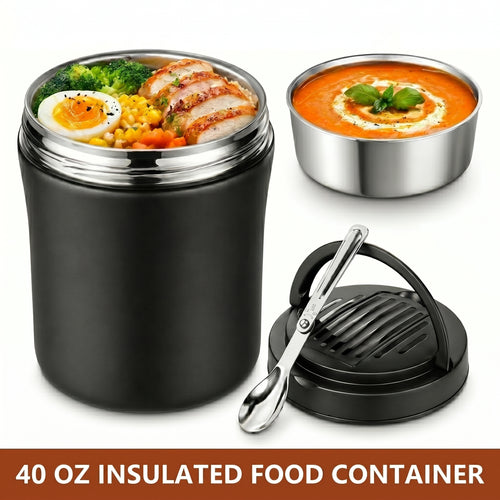 40oz Insulated Food Container, Leakproof Wide Mouth Stainless Steel Vacuum Insulated Food Container, 304 Stainless Steel Soup Container with Portable Handle for Travel and Daily Use