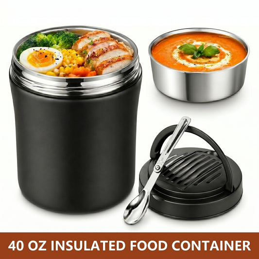 40oz Insulated Food Container, Leakproof Wide Mouth Stainless Steel Vacuum Insulated Food Container, 304 Stainless Steel Soup Container with Portable Handle for Travel and Daily Use