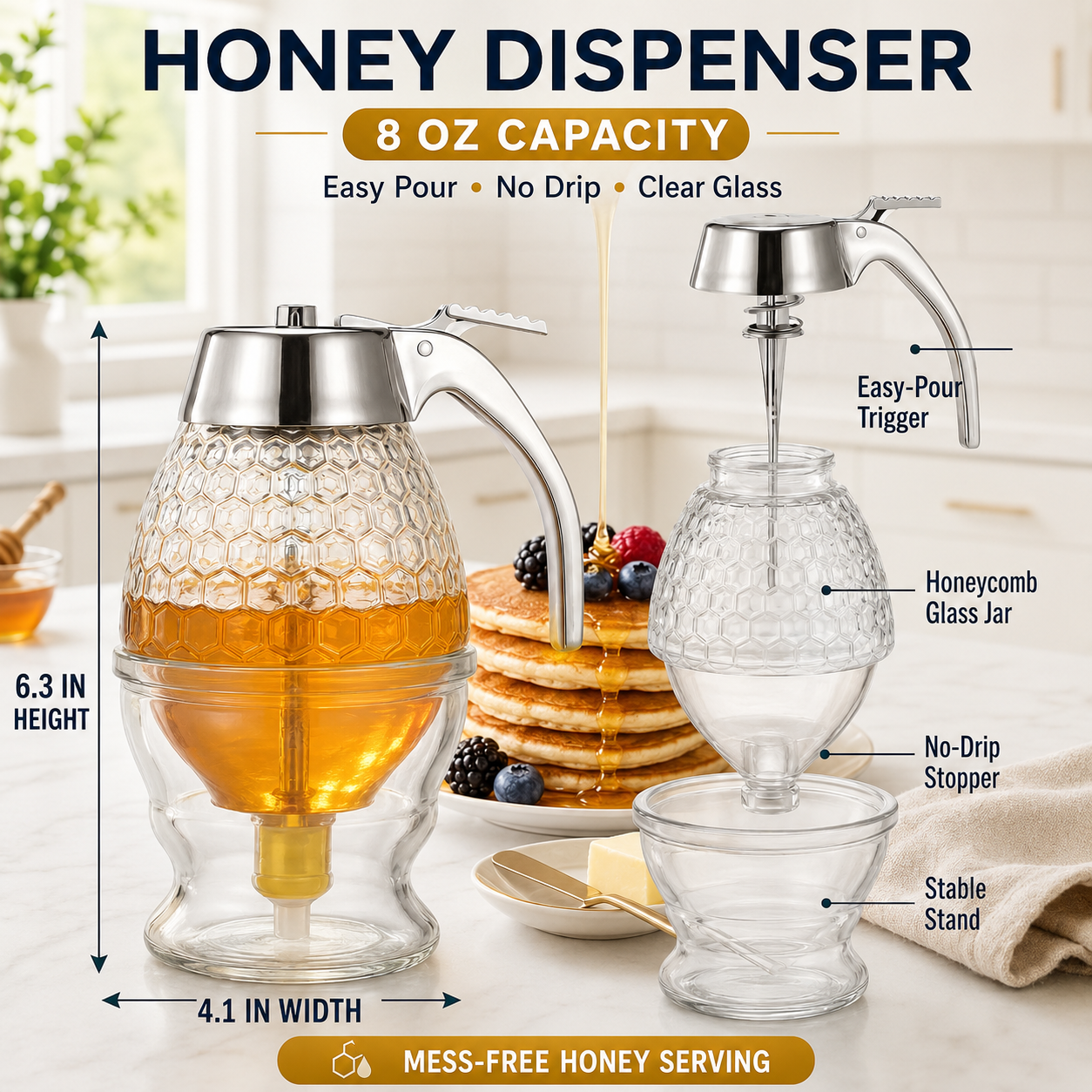 8oz Glass Honey Dispenser – No-Drip Press Lever, Honeycomb Design, Syrup Jar
