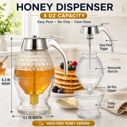 8oz Glass Honey Dispenser – No-Drip Press Lever, Honeycomb Design, Syrup Jar