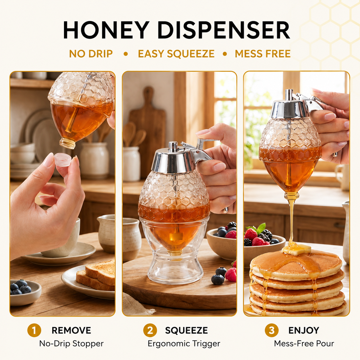 8oz Glass Honey Dispenser – No-Drip Press Lever, Honeycomb Design, Syrup Jar