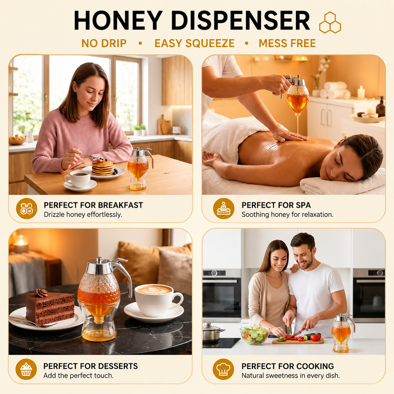 8oz Glass Honey Dispenser – No-Drip Press Lever, Honeycomb Design, Syrup Jar