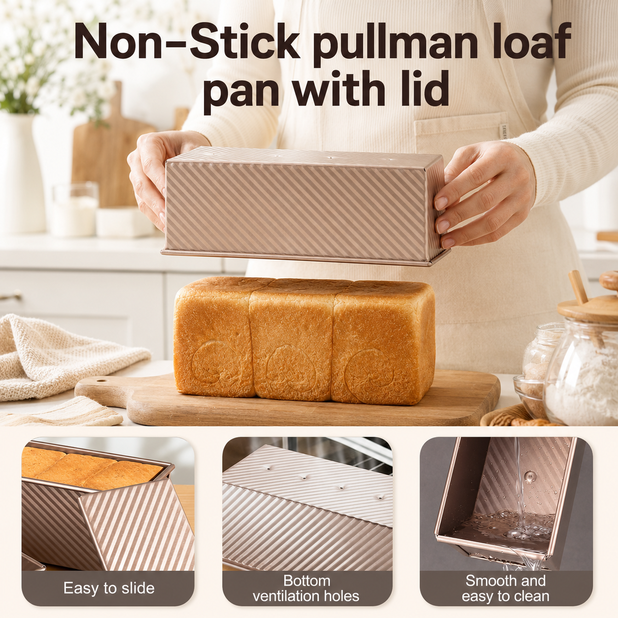 2.2 Lb Pullman Loaf Pan with Lid, 13x4 Nonstick Carbon Steel Bread Pan for Sandwich and Sourdough, Rectangular Corrugated Toast Box Mold for Oven Baking, Gold