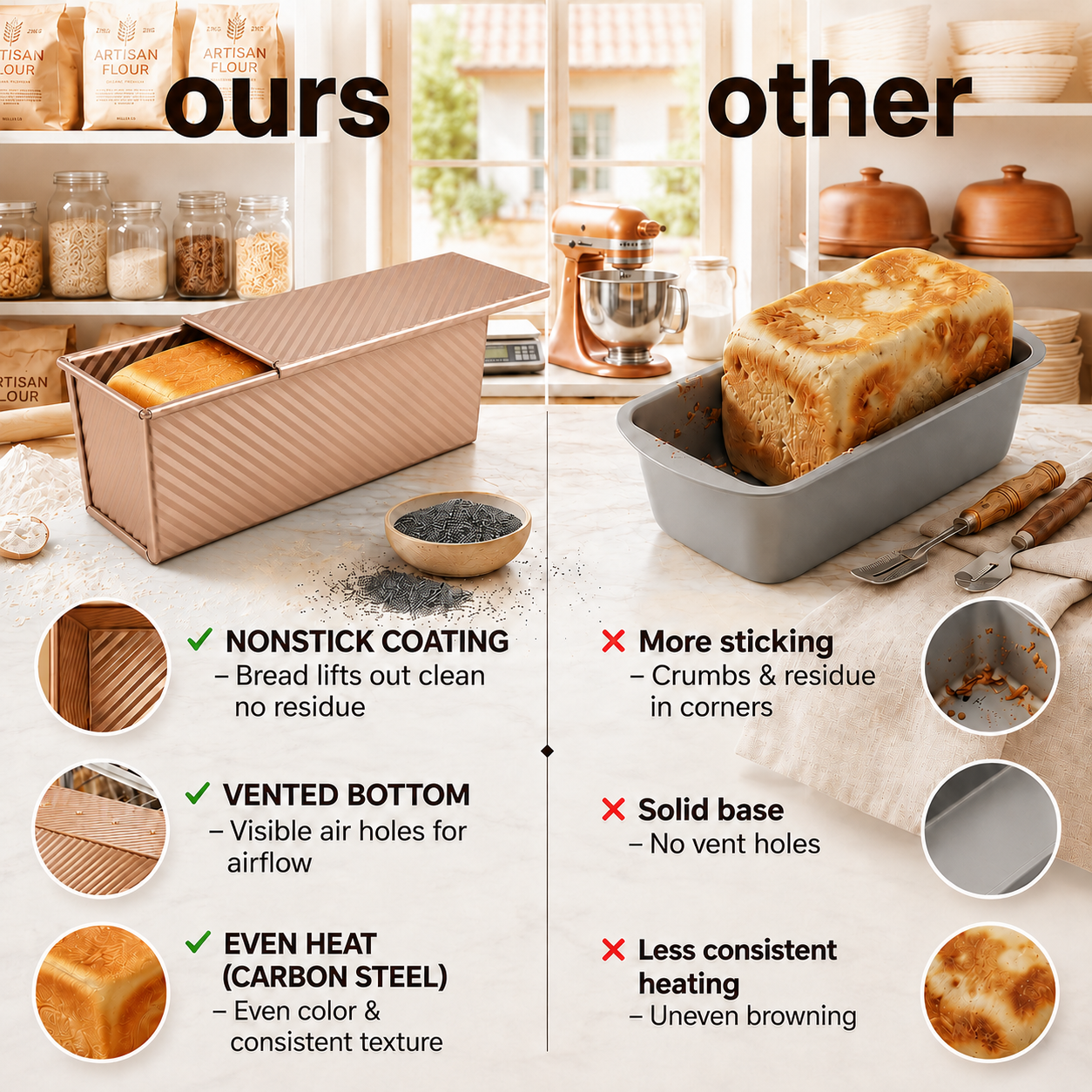 2.2 Lb Pullman Loaf Pan with Lid, 13x4 Nonstick Carbon Steel Bread Pan for Sandwich and Sourdough, Rectangular Corrugated Toast Box Mold for Oven Baking, Gold