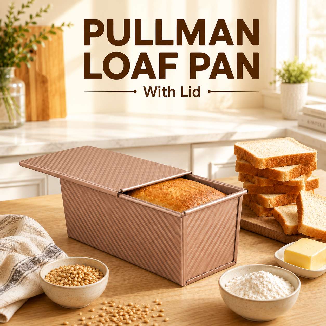 2.2 Lb Pullman Loaf Pan with Lid, 13x4 Nonstick Carbon Steel Bread Pan for Sandwich and Sourdough, Rectangular Corrugated Toast Box Mold for Oven Baking, Gold