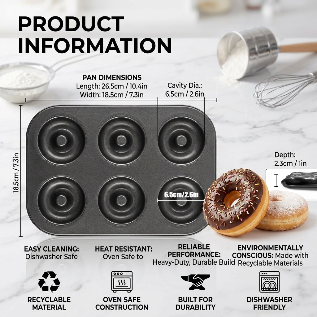 2-Pack 6-Cavity Nonstick Donut Pans – Deepened Carbon Steel, Oven Safe to 450°F, Dishwasher Safe