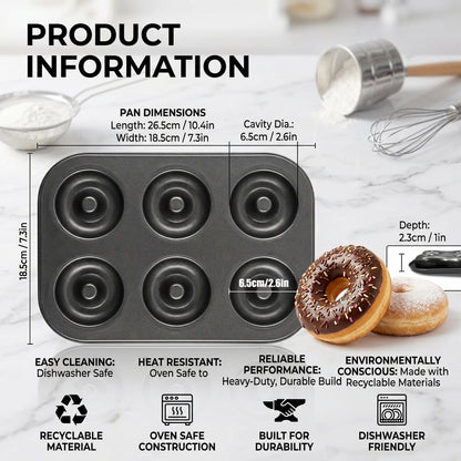 2-Pack 6-Cavity Nonstick Donut Pans – Deepened Carbon Steel, Oven Safe to 450°F, Dishwasher Safe