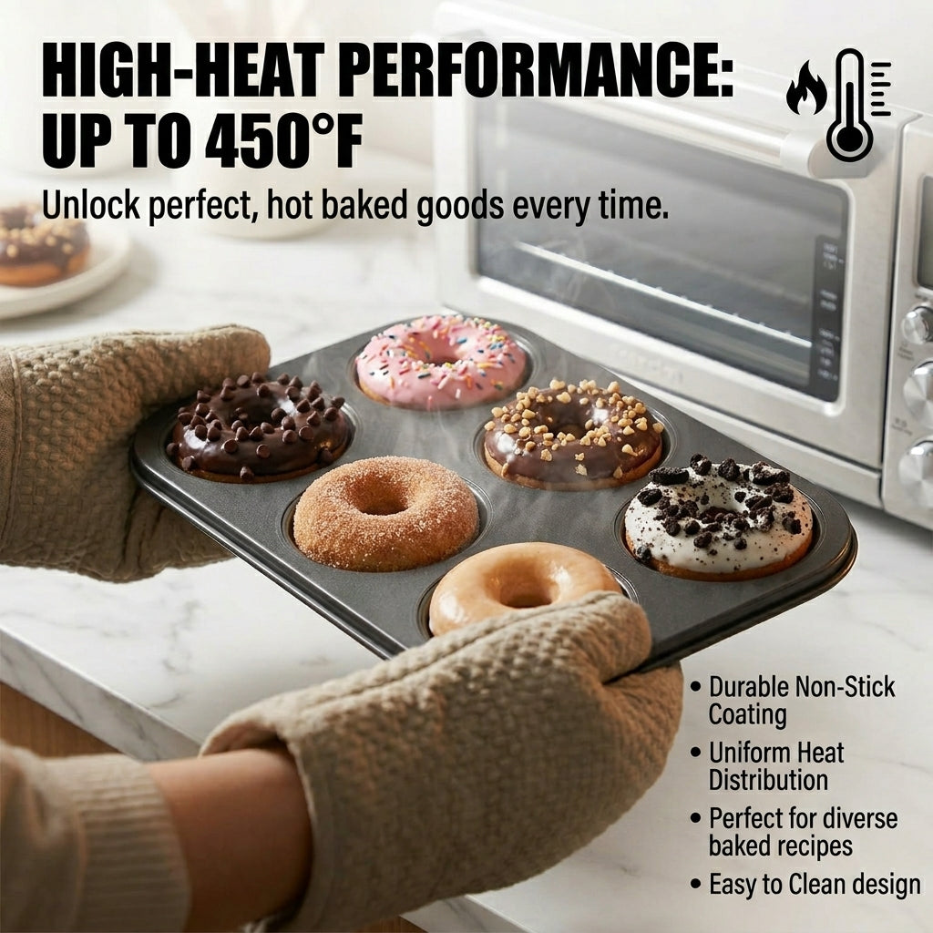 2-Pack 6-Cavity Nonstick Donut Pans – Deepened Carbon Steel, Oven Safe to 450°F, Dishwasher Safe