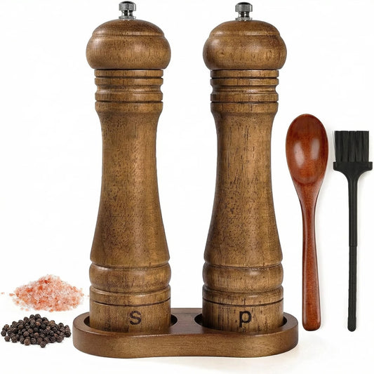 Wood Salt and Pepper Grinder Set,with Matching Tray and Spoons.8 Inch,2 Packs