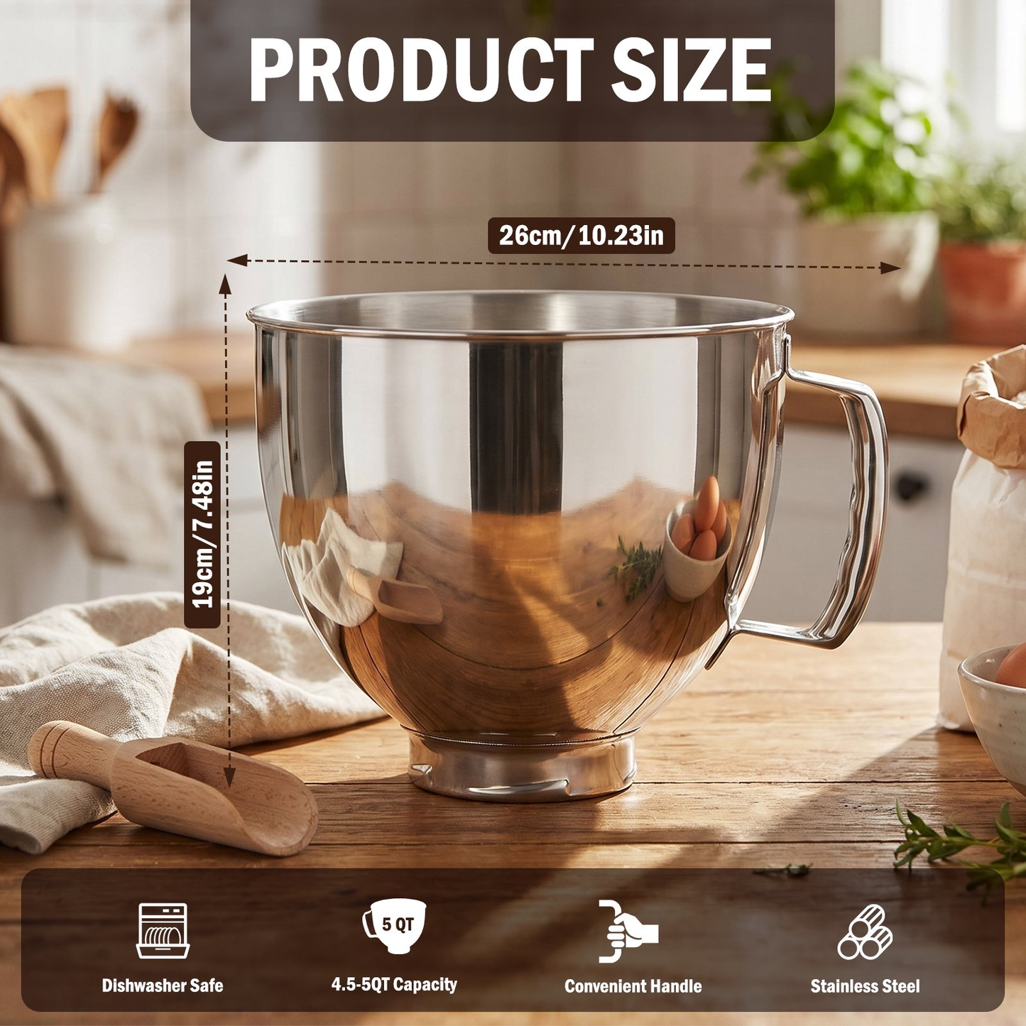 5 Quart Stainless Steel Mixing Bowl with Handle & Clasp, Silver, Fits Tilt-Head 4.5-5 Qt Stand Mixers K45 K45SS KSM75 KSM150 KSM95