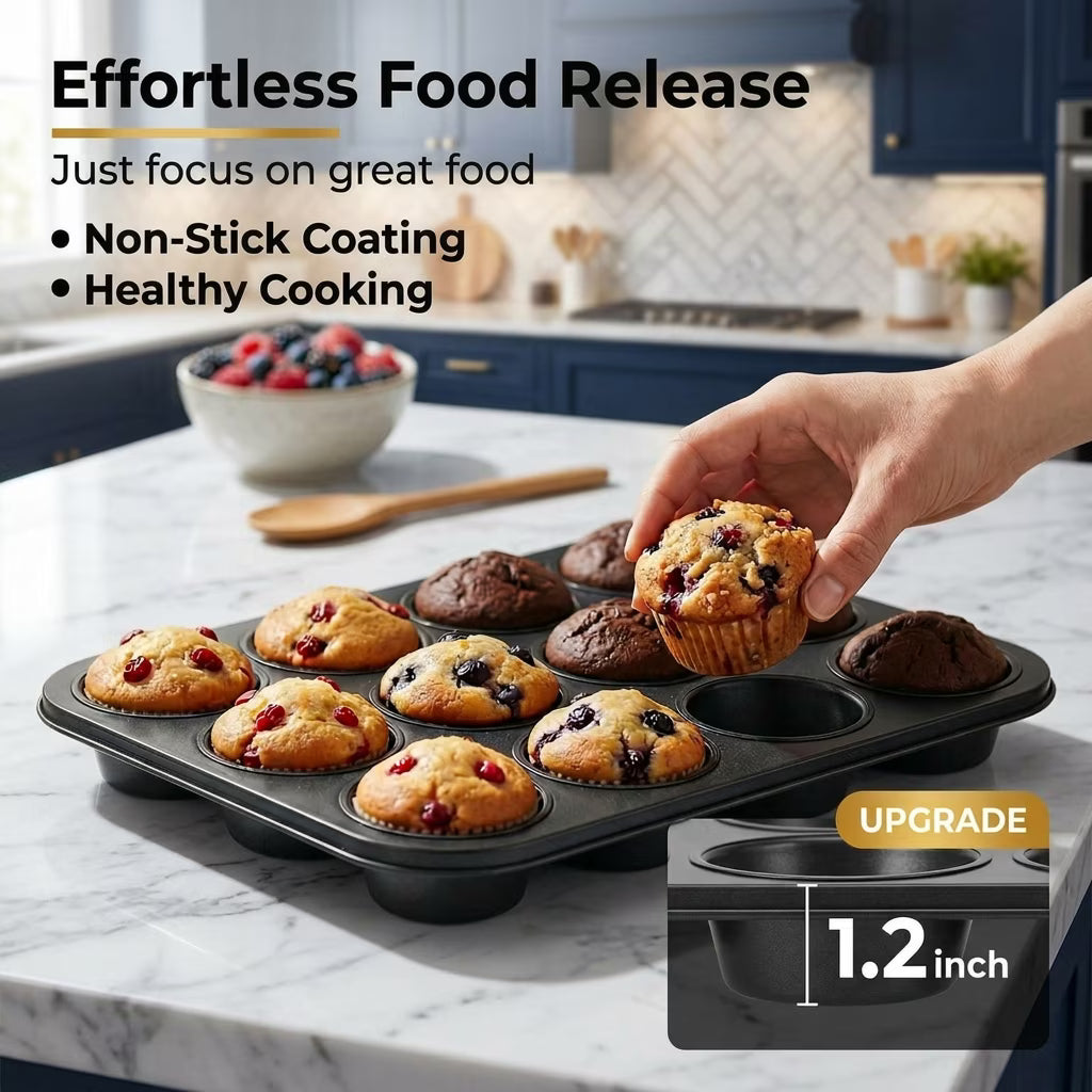 2 Pack Muffin Tin and Cupcake Pan Set, 12 Cup Nonstick Cupcake Pans for Baking, Carbon Steel Muffin Trays, Egg Muffin Maker, Mini Quiche Pan