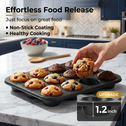 2 Pack Muffin Tin and Cupcake Pan Set, 12 Cup Nonstick Cupcake Pans for Baking, Carbon Steel Muffin Trays, Egg Muffin Maker, Mini Quiche Pan