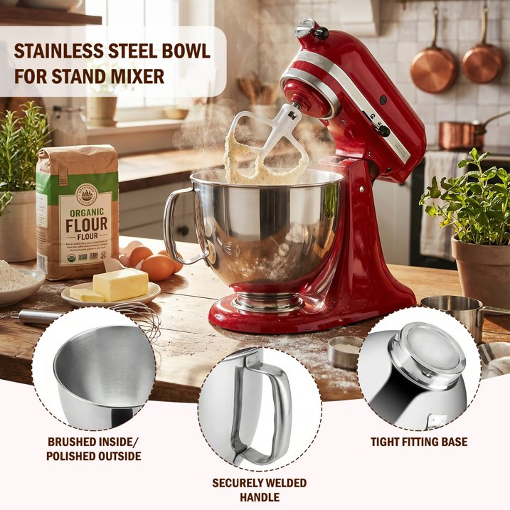 5 Quart Stainless Steel Mixing Bowl with Handle & Clasp, Silver, Fits Tilt-Head 4.5-5 Qt Stand Mixers K45 K45SS KSM75 KSM150 KSM95