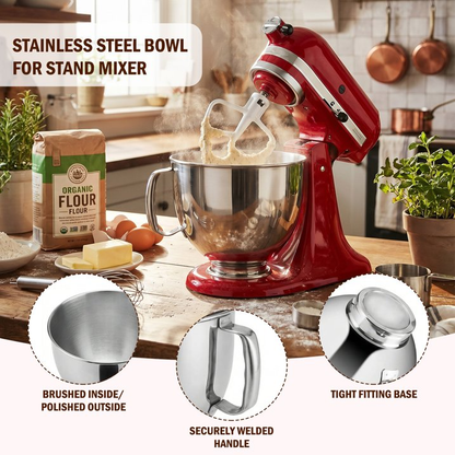 5 Quart Stainless Steel Mixing Bowl with Handle & Clasp, Silver, Fits Tilt-Head 4.5-5 Qt Stand Mixers K45 K45SS KSM75 KSM150 KSM95