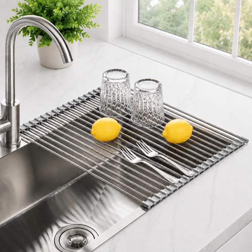 Roll Up Dish Drying Rack, 18.5 x 15.7 Inch Stainless Steel Foldable Over Sink Organizer with Anti-Slip Edges for Kitchen Sink