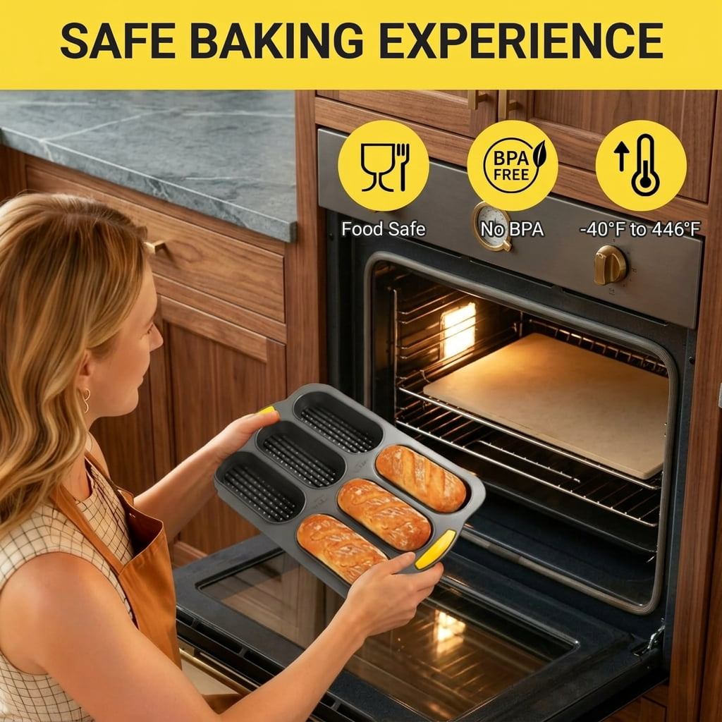 6 Cavity Silicone Baguette Bread Pan, Nonstick French Bread and Hot Dog Bun Mold, Foldable Loaf Pan Baking Tool for Hoagie Homemade Rolls, Dishwasher Safe, Easy Release