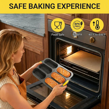 6 Cavity Silicone Baguette Bread Pan, Nonstick French Bread and Hot Dog Bun Mold, Foldable Loaf Pan Baking Tool for Hoagie Homemade Rolls, Dishwasher Safe, Easy Release