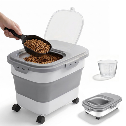 Collapsible Pet Food Storage Container with Airtight Locking Lid, Rolling Casters & Scoop, 20–23 Lbs Large Multipurpose Bin for Dry Pet Food, Rice & Flour