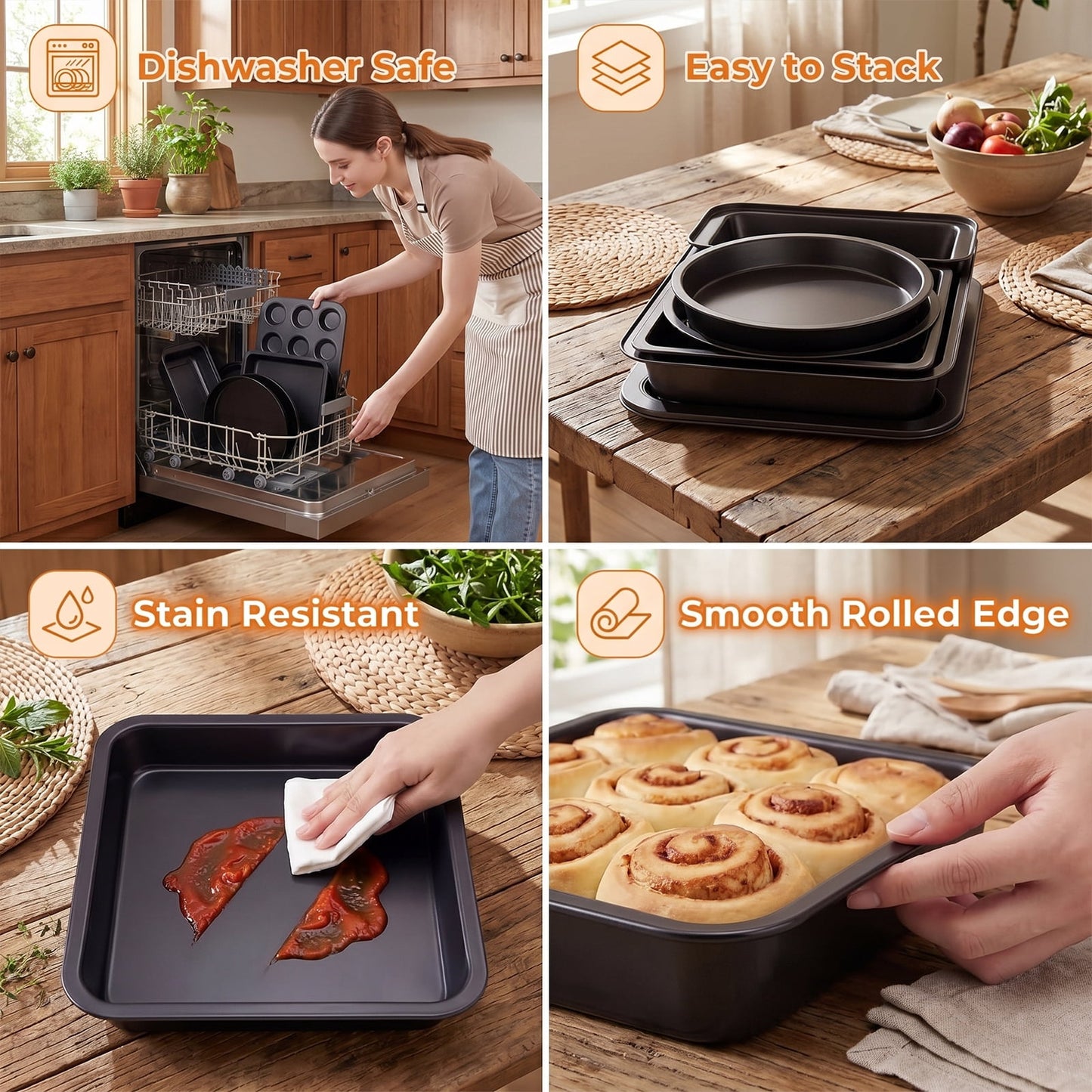 6-Piece Nonstick Bakeware Set – Carbon Steel, Includes Roasting Pan, Cookie Sheet, Cake Pan, Loaf Pan & Muffin Pan