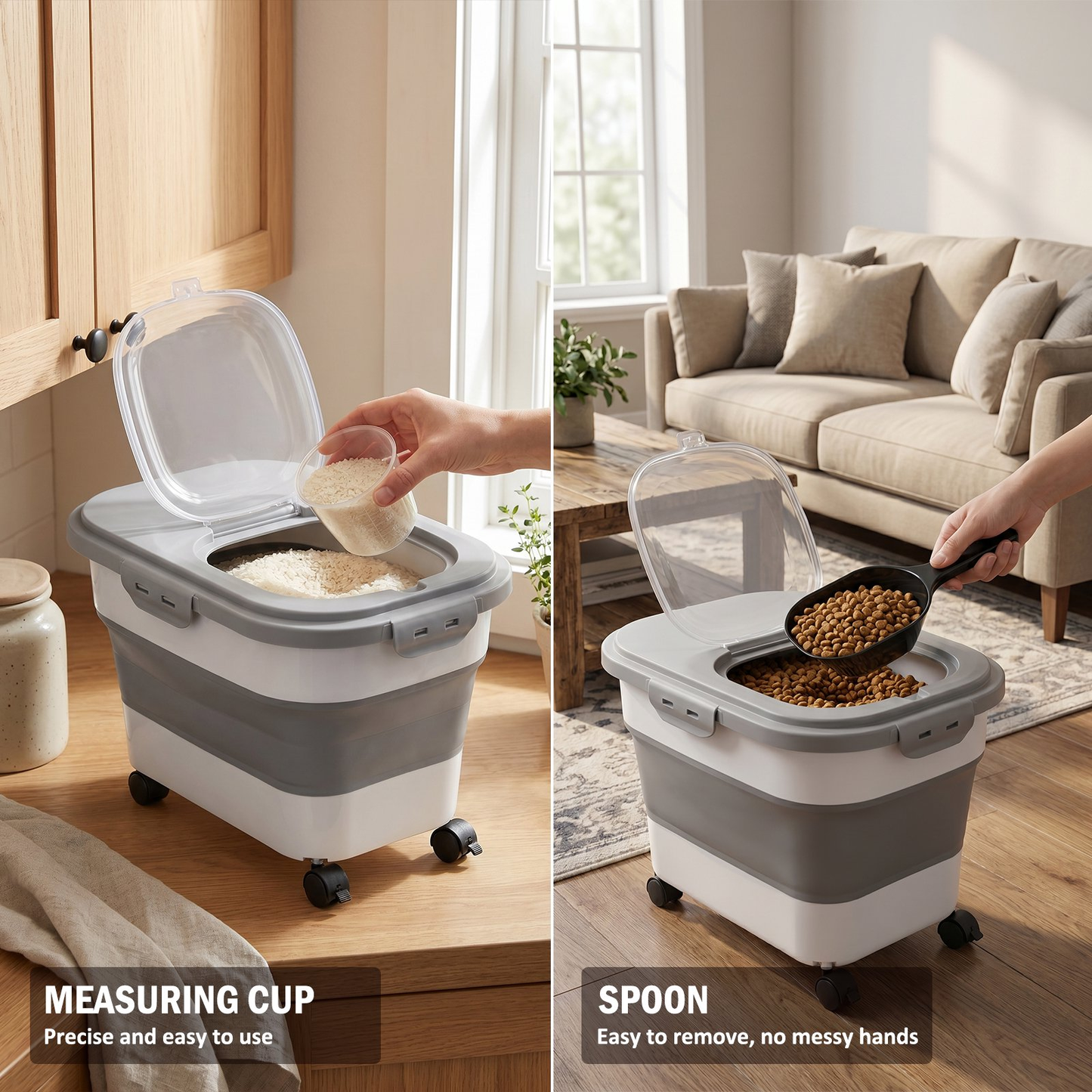 Collapsible Pet Food Storage Container with Airtight Locking Lid, Rolling Casters & Scoop, 20–23 Lbs Large Multipurpose Bin for Dry Pet Food, Rice & Flour