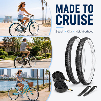 2-Pack 26 Inch 26x2.125 Folding Bike Tires Replacement Set, with Inner Tubes & Tire Levers, for Beach Cruiser Urban Commuting Bicycle, Llantas para Bicicleta