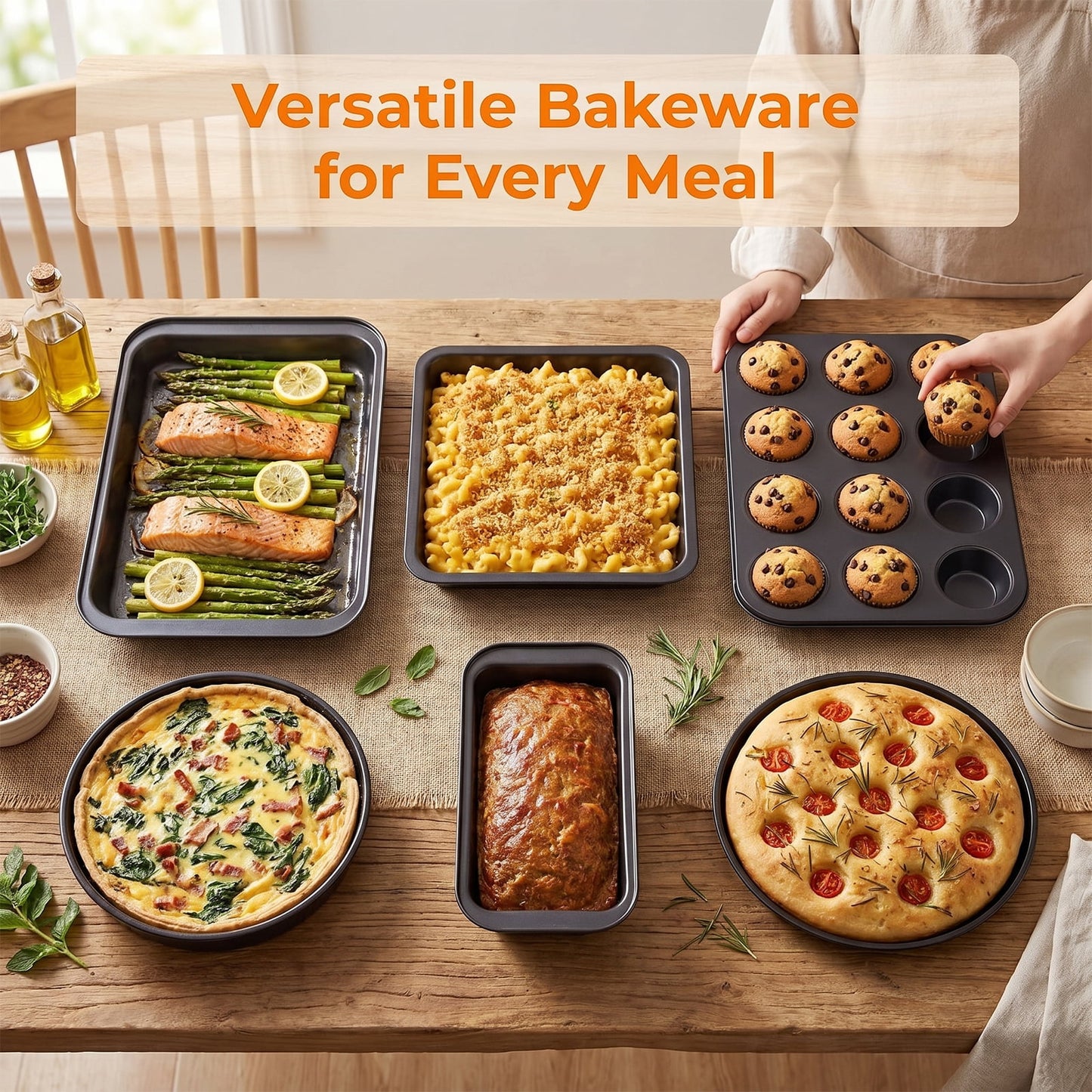 6-Piece Nonstick Bakeware Set – Carbon Steel, Includes Roasting Pan, Cookie Sheet, Cake Pan, Loaf Pan & Muffin Pan