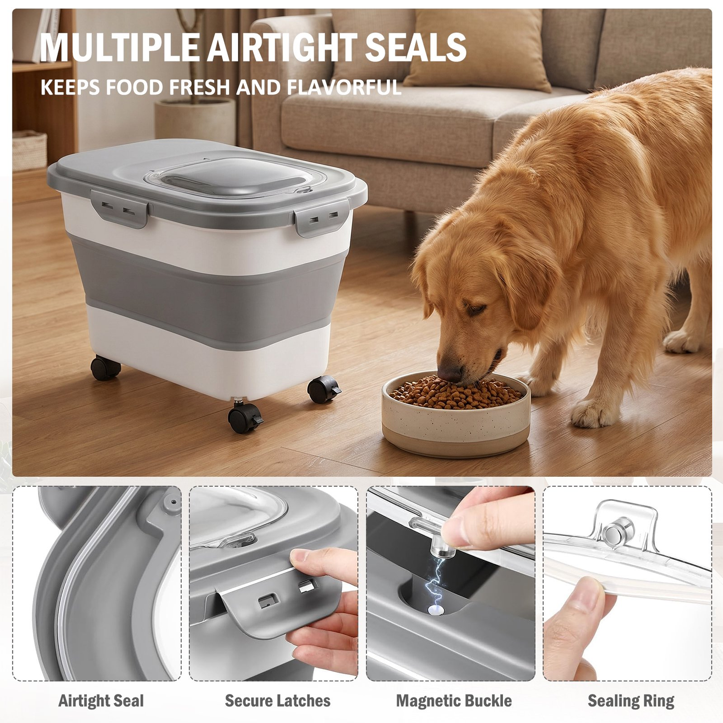 Collapsible Pet Food Storage Container with Airtight Locking Lid, Rolling Casters & Scoop, 20–23 Lbs Large Multipurpose Bin for Dry Pet Food, Rice & Flour