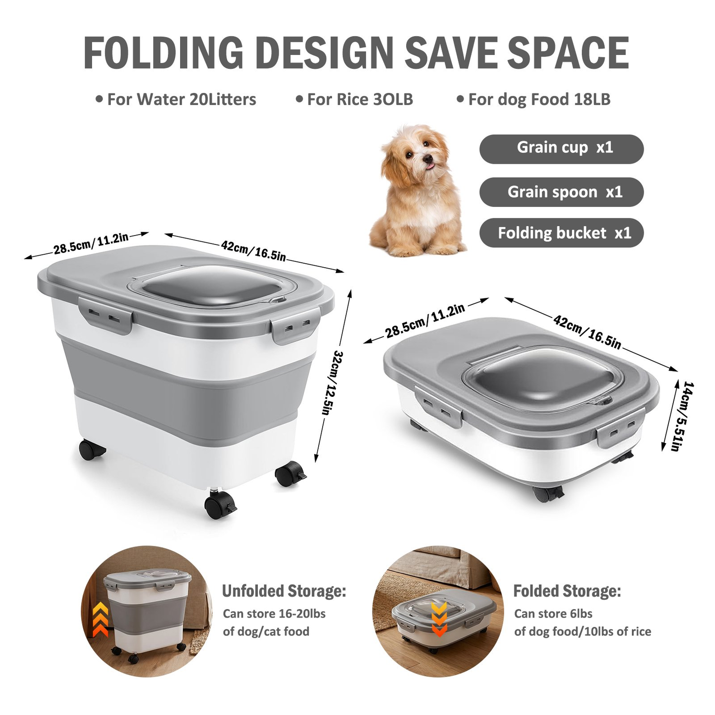 Collapsible Pet Food Storage Container with Airtight Locking Lid, Rolling Casters & Scoop, 20–23 Lbs Large Multipurpose Bin for Dry Pet Food, Rice & Flour