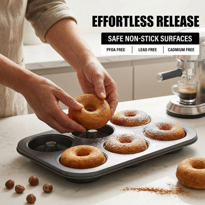 2-Pack 6-Cavity Nonstick Donut Pans – Deepened Carbon Steel, Oven Safe to 450°F, Dishwasher Safe
