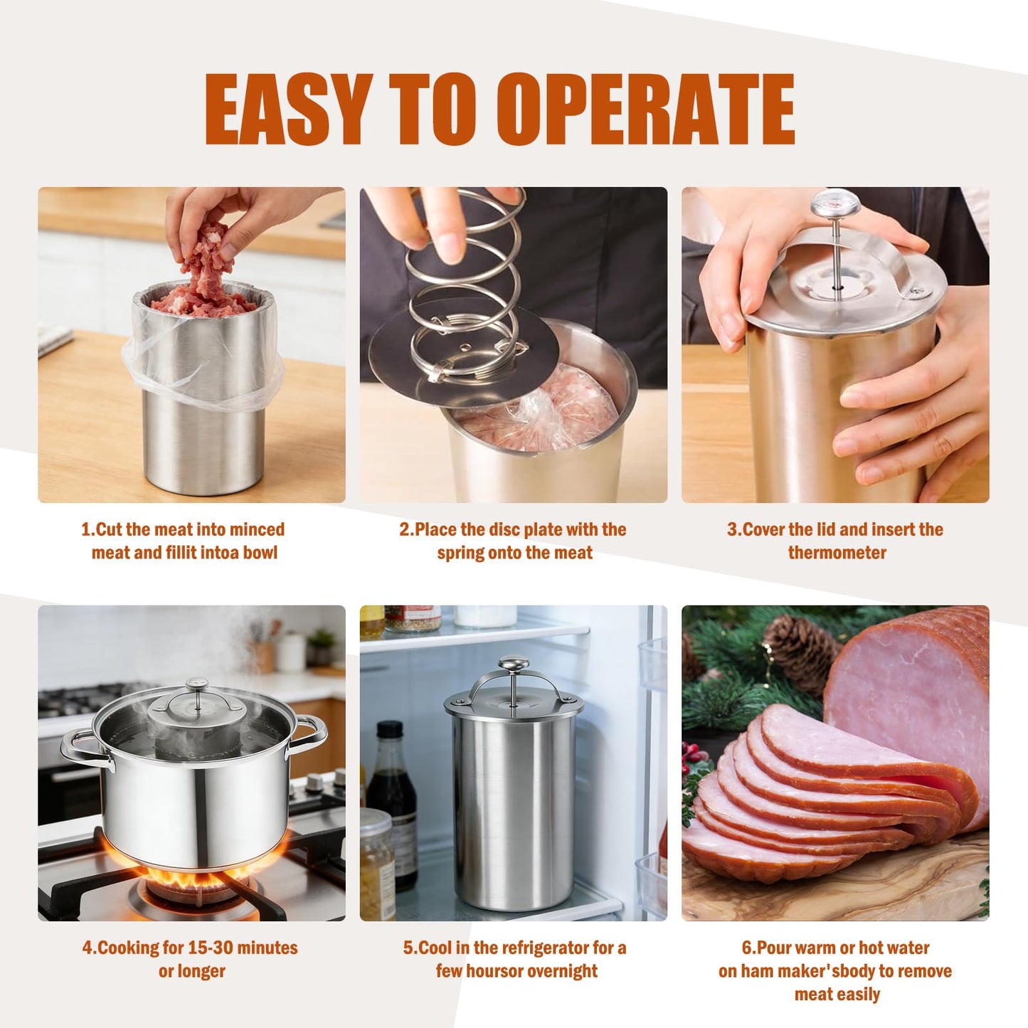 Stainless Steel Ham Maker Meat Press – with Thermometer & Spring Mechanism, Deli Meat Press, Dishwasher Safe