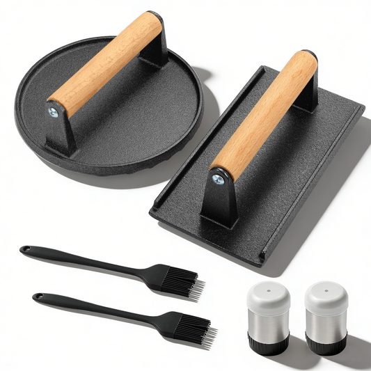 Cast Iron Smash Bacon Press with Wood Handle, Round & Rectangular Grill Press for Steak, Burgers, Paninis