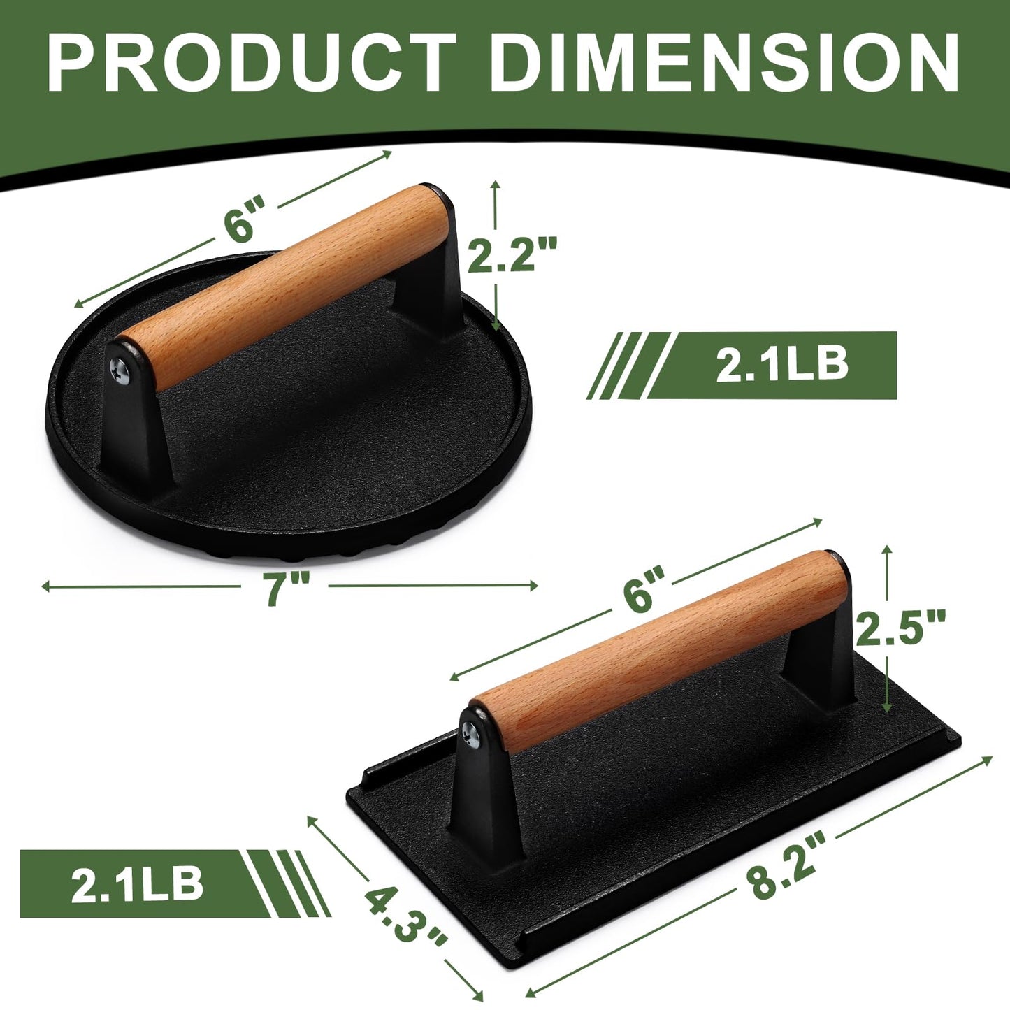 Cast Iron Smash Bacon Press with Wood Handle, Round & Rectangular Grill Press for Steak, Burgers, Paninis