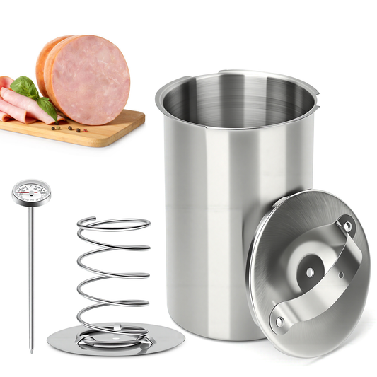 Stainless Steel Ham Maker Meat Press – with Thermometer & Spring Mechanism, Deli Meat Press, Dishwasher Safe
