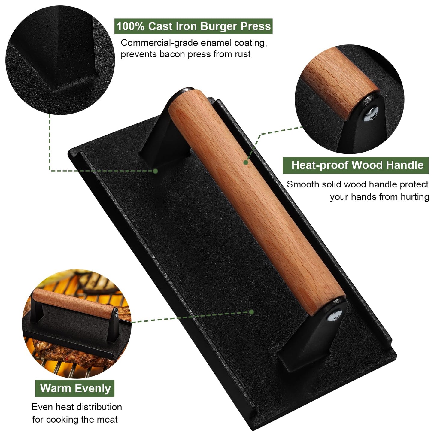 Cast Iron Smash Bacon Press with Wood Handle, Round & Rectangular Grill Press for Steak, Burgers, Paninis