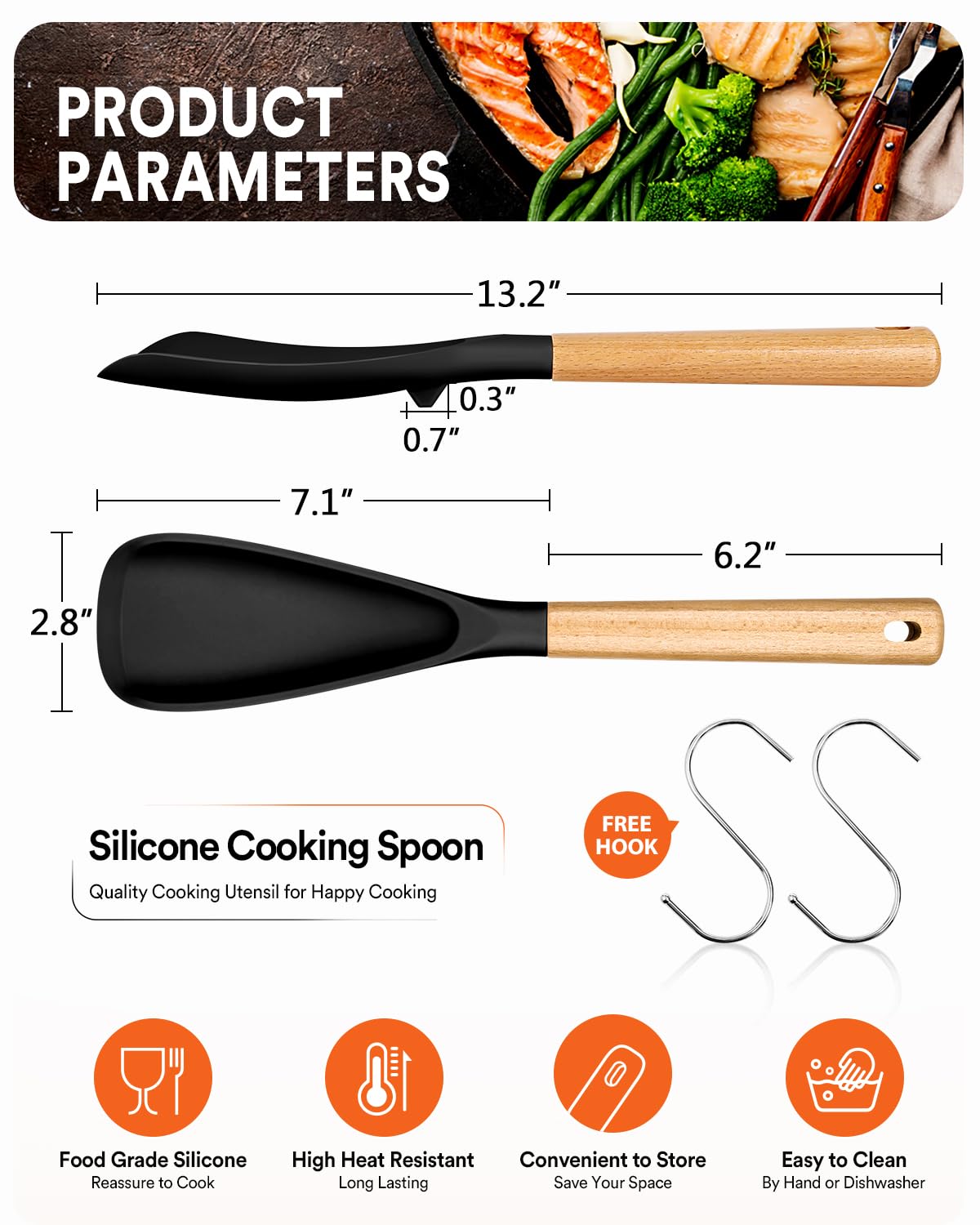 Cooking Spoon for Nonstick Cookwares, 13.4 Inch Matte Silicone Kitchen Utensil with Wooden Handle, Black & Grey Multipurpose Spoon Ideal for Mixing, Scooping and Scraping Food