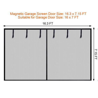 16x7FT Magnetic Garage Door Screen for 2 Car, Heavy‑Duty Reinforced Polyester Mesh Screen with 26 Strong Magnets and 6 Strapping Tapes, Hands‑Free Automatic Closing Mesh Curtain