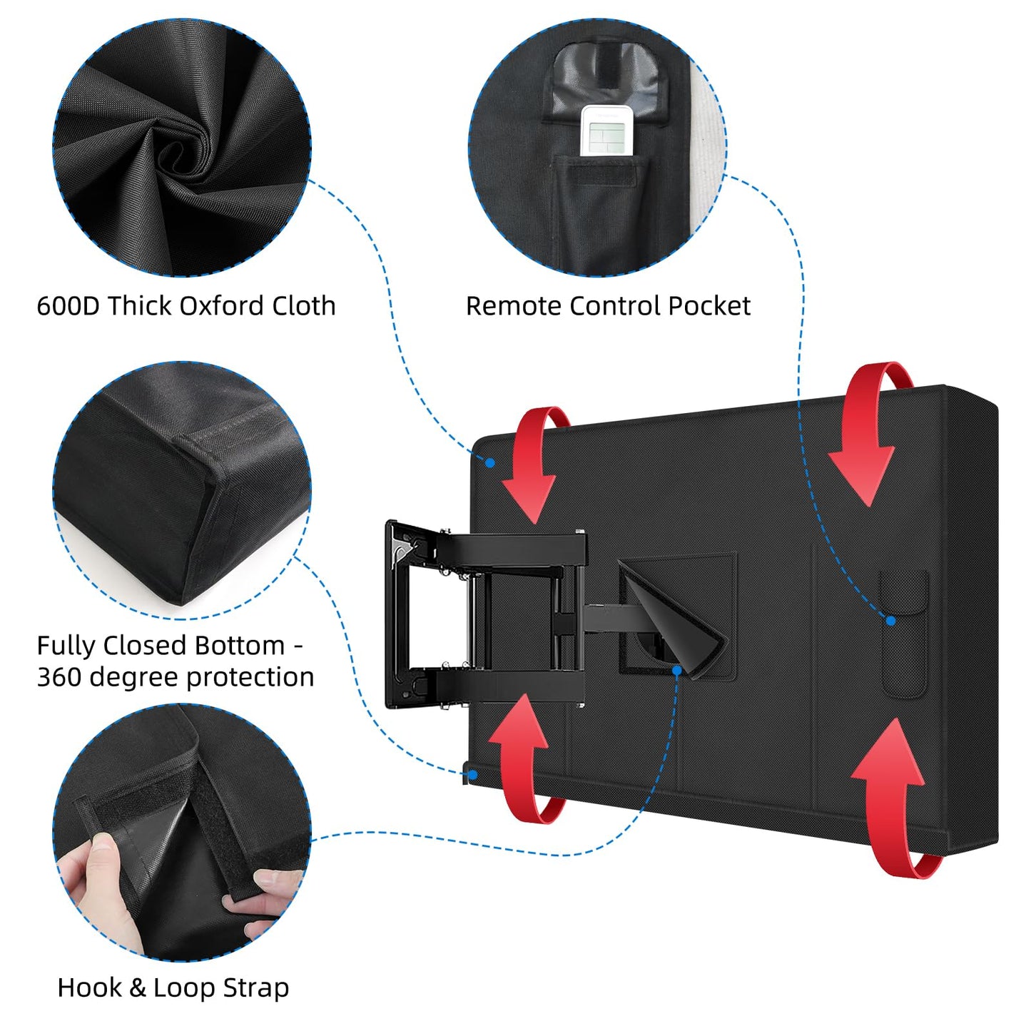 Outdoor TV Cover 60 to 65 inch Weatherproof, Black 600D Waterproof Full Coverage Protector Measuring 58''W x 37''H x 5"D, Durable Outdoor Flat Screen TV Shield Compatible with Standard Wall Mounts