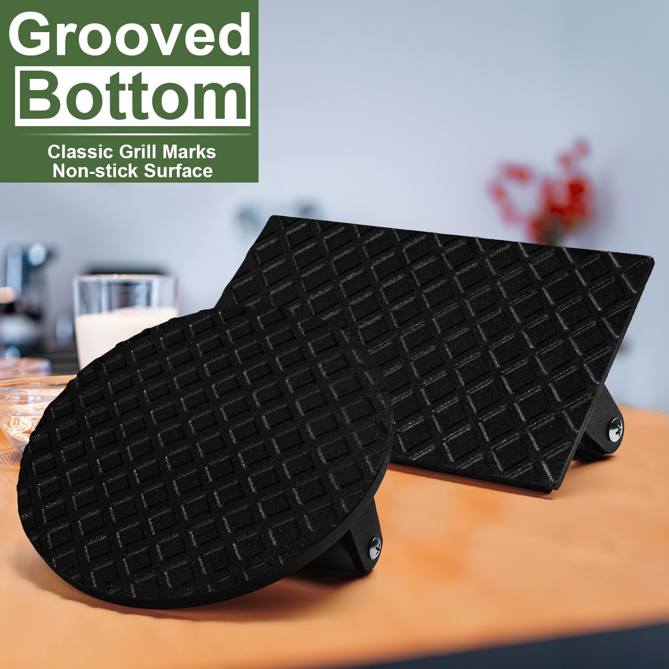 Cast Iron Smash Bacon Press with Wood Handle, Round & Rectangular Grill Press for Steak, Burgers, Paninis