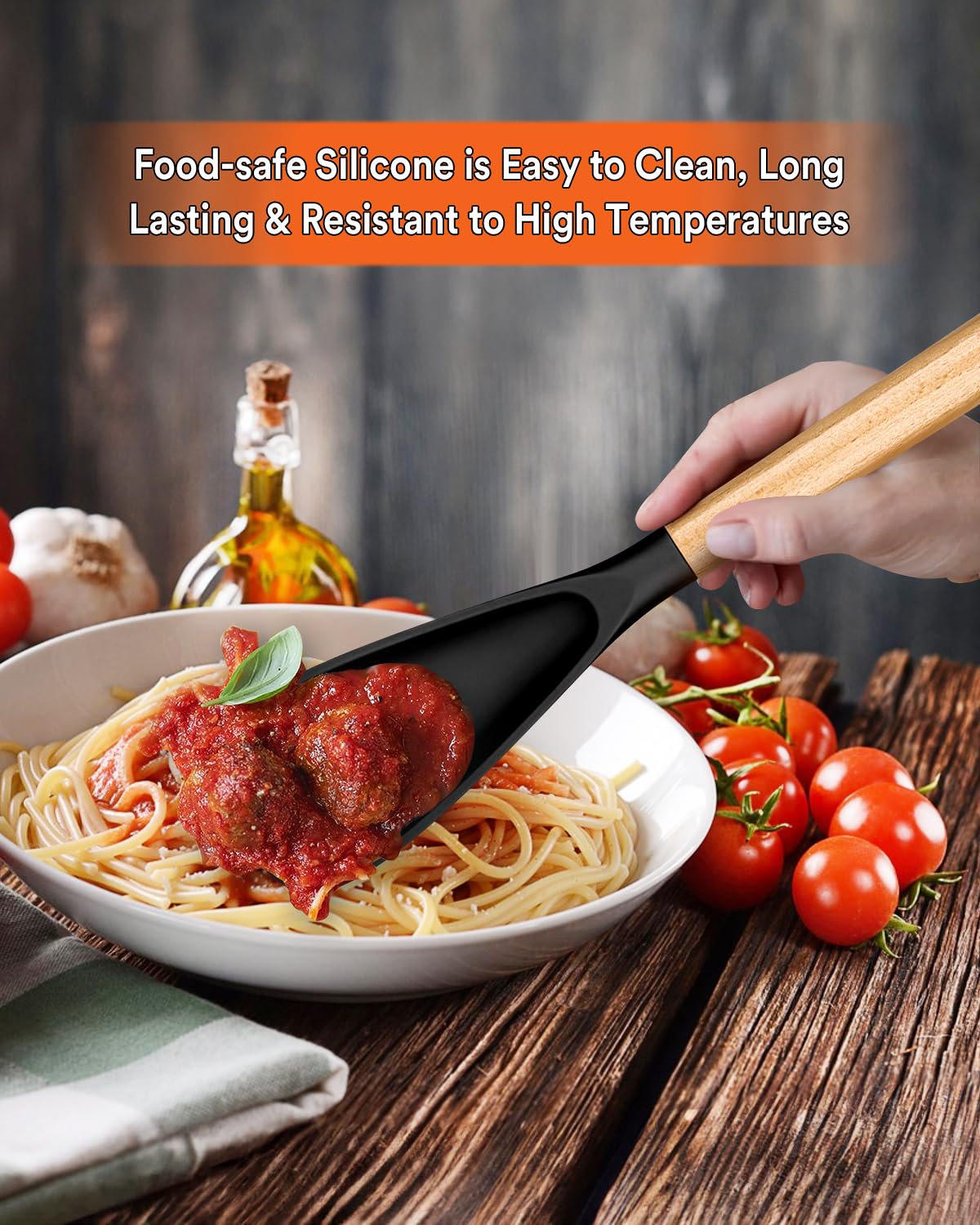 Cooking Spoon for Nonstick Cookwares, 13.4 Inch Matte Silicone Kitchen Utensil with Wooden Handle, Black & Grey Multipurpose Spoon Ideal for Mixing, Scooping and Scraping Food