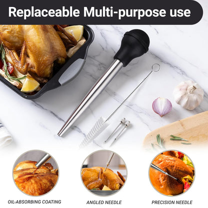 Stainless Steel Turkey Baster with 2 Interchangeable Needles and Cleaning Brush, Meat Marinade Injector Baster Syringe for Turkey, Chicken, BBQ, Roasting and Grilling