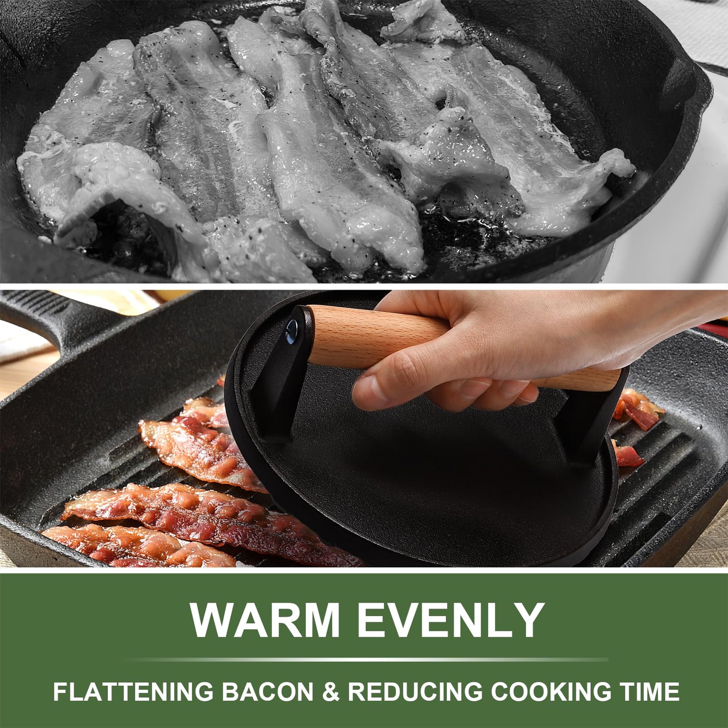 Cast Iron Smash Bacon Press with Wood Handle, Round & Rectangular Grill Press for Steak, Burgers, Paninis
