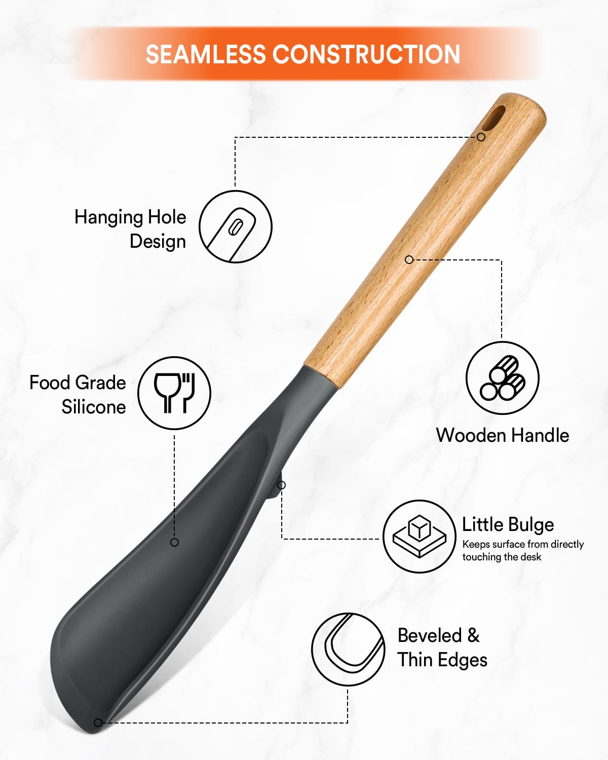 Cooking Spoon for Nonstick Cookwares, 13.4 Inch Matte Silicone Kitchen Utensil with Wooden Handle, Black & Grey Multipurpose Spoon Ideal for Mixing, Scooping and Scraping Food