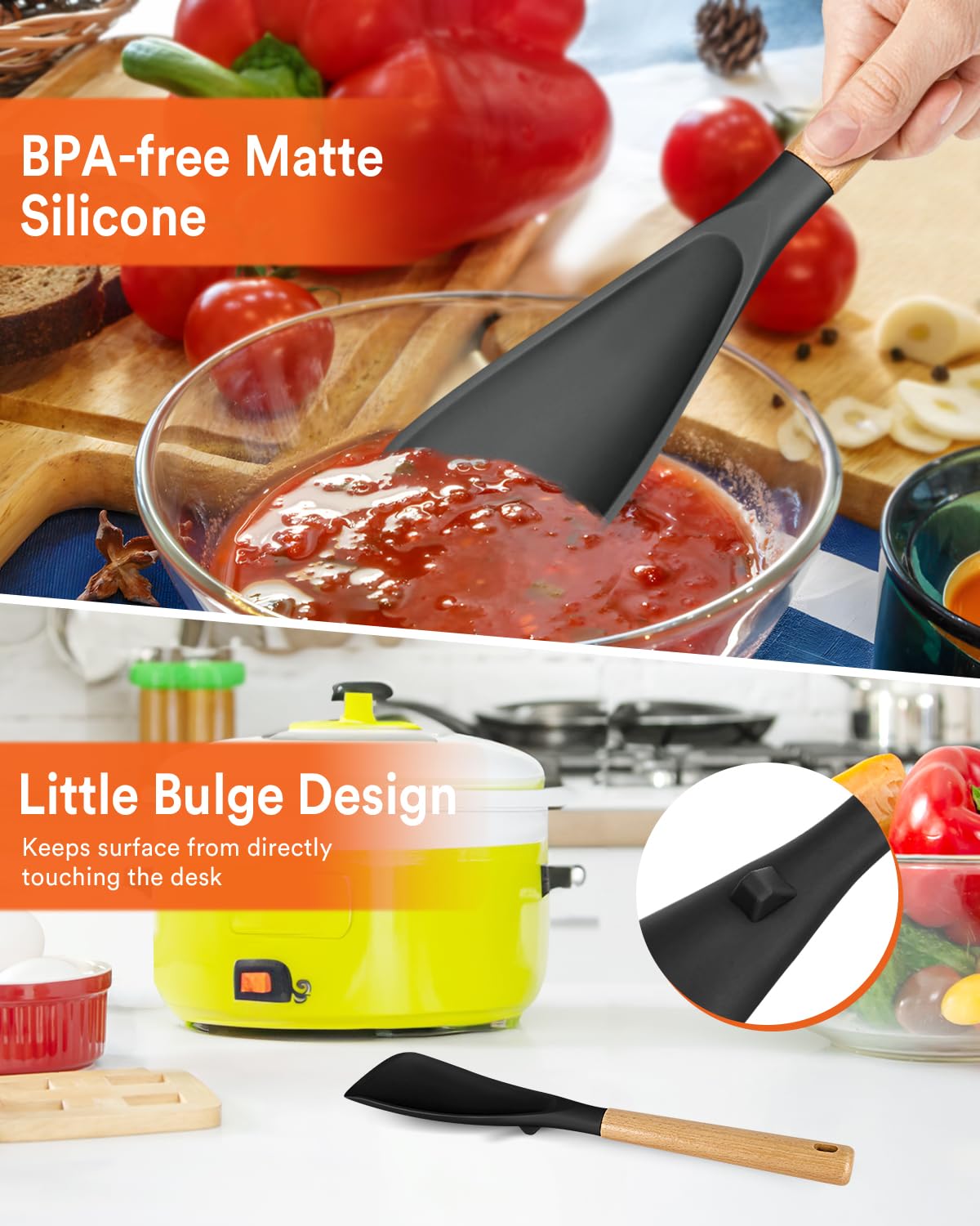 Cooking Spoon for Nonstick Cookwares, 13.4 Inch Matte Silicone Kitchen Utensil with Wooden Handle, Black & Grey Multipurpose Spoon Ideal for Mixing, Scooping and Scraping Food