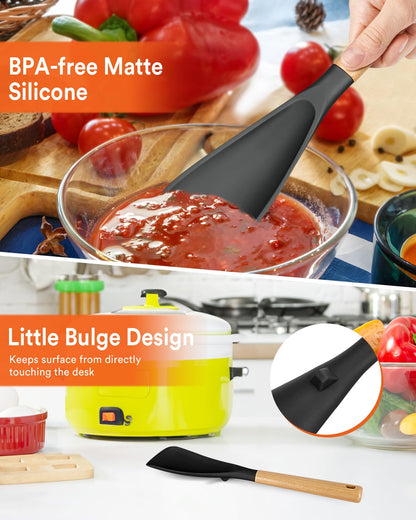 Cooking Spoon for Nonstick Cookwares, 13.4 Inch Matte Silicone Kitchen Utensil with Wooden Handle, Black & Grey Multipurpose Spoon Ideal for Mixing, Scooping and Scraping Food