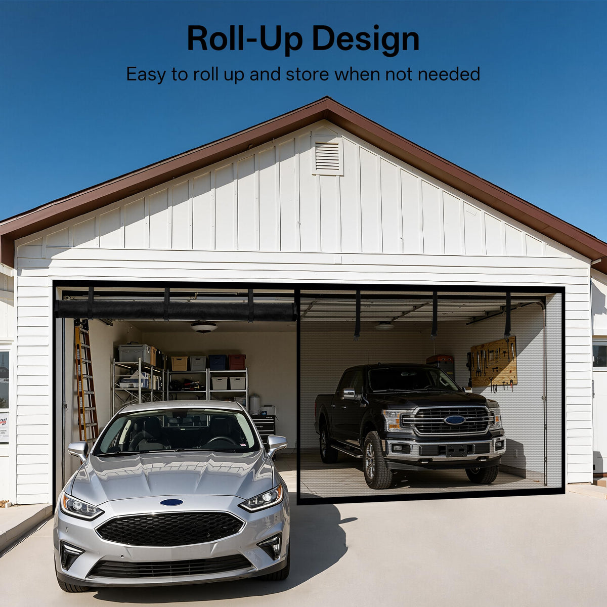16x7FT Magnetic Garage Door Screen for 2 Car, Heavy‑Duty Reinforced Polyester Mesh Screen with 26 Strong Magnets and 6 Strapping Tapes, Hands‑Free Automatic Closing Mesh Curtain
