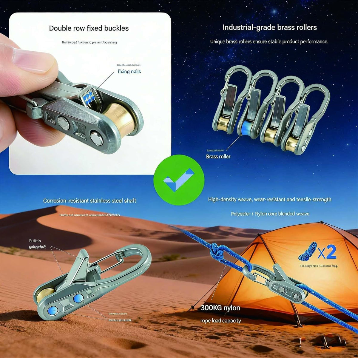 Rope Rollers,Tightener & Guyline Tensioner (6 Pack+2 Ropes), Stainless Steel and Nylon Adjustable Tie‑Down Hardware, Flexible Portable Cord Tensioning Kit for Outdoor Camping, Tent